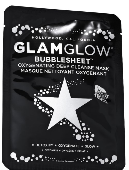 Svart maskpåse med vita stjärnor och prickar, märkt GLAMGLOW BUBBLESHEET, för djup rengöring med syre.