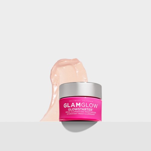 En pink beholder mærket 'GLOWOIL' med et sølv låg, med creme, der løber ud på en grå baggrund.