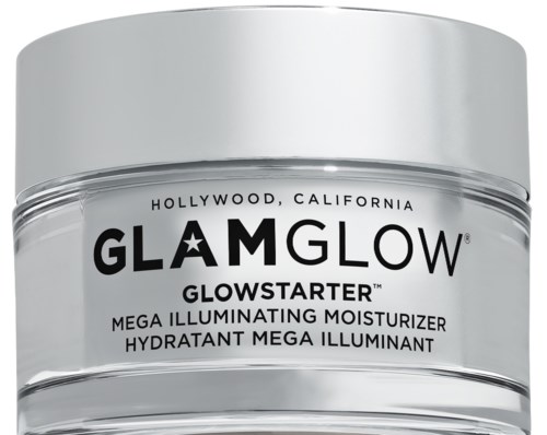 Et glass med GlamGlow Glowstarter fuktighetskrem, merket som en stor lysende fuktighetsbehandling fra Hollywood, California.