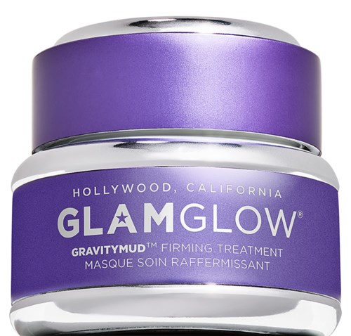 En lila burk med GlamGlow GravityMud stärkande behandling från Hollywood, Kalifornien.