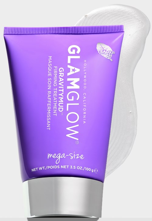 Lilla tube med Glow Glamtow ansiktsmaske, stor størrelse, med hvit krem på en grå bakgrunn.