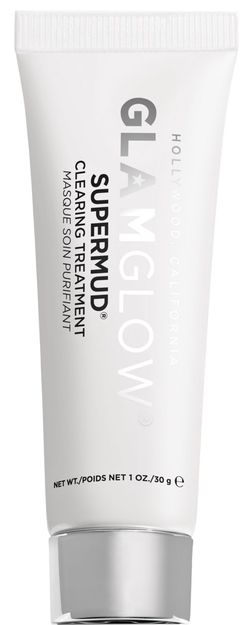 Ett vitt tub med hudvårdsprodukt med grå och svart text, märkt 'Supermud' och 'Clearing Treatment'.