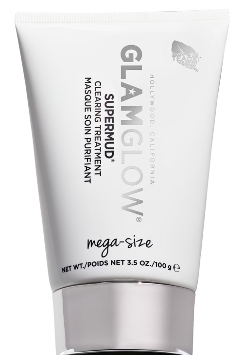 En vit tub med Glow Supermud rensande mask, märkt 'mega-size', med svart text och en liten ikon av ett träd och en sol.