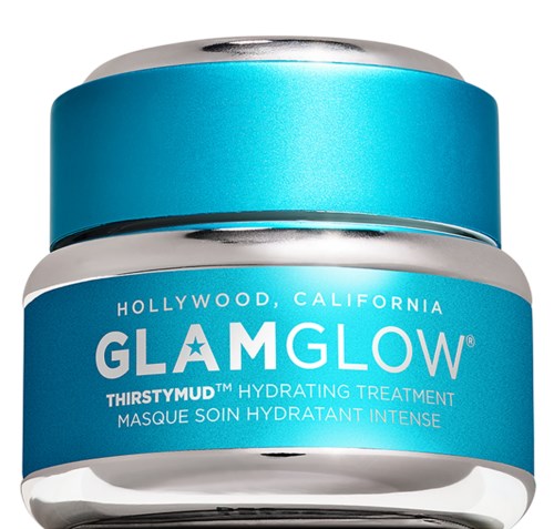 En lille blå og sølvkrukke mærket GlamGlow Thirstymud Hydrating Treatment fra Hollywood, Californien.