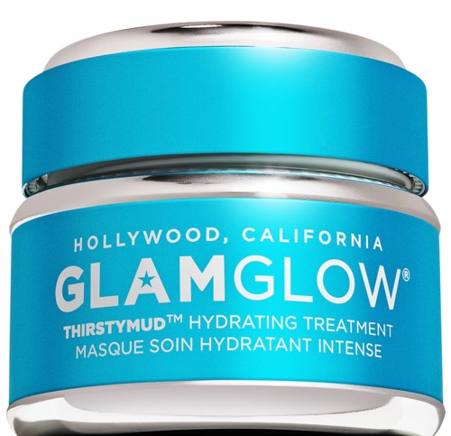 En blå krukke merket 'GlamGlow Thirstymud Hydrating Treatment' fra Hollywood, California, med metalloktav.