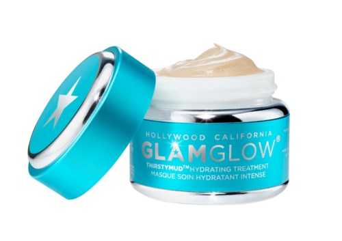 Blå krukke med GlamGlow hudpleieprodukt og åpen lokk, viser hvit krem inni.