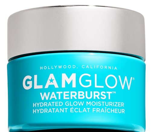 Blå behållare av Glamglow Waterburst återfuktare med silverlock, skriven i vitt text.
