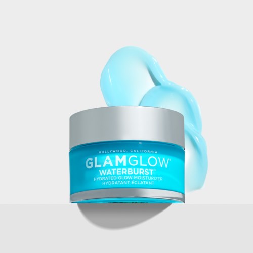 En blå burk märkt Glamglow Waterburst med blå geléaktig substans som rinner runt den.