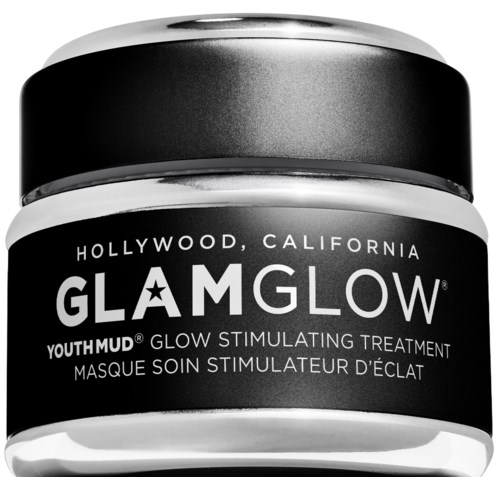 Glansig svartvit burk med Glamglow Youth Mud-behandling, från Hollywood, Kalifornien.