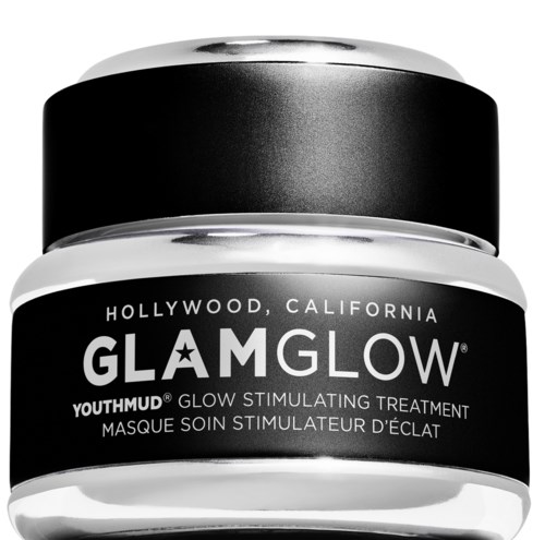 En burk med GlamGlow Youthmud-glowstimulerande behandling med svart och vit förpackning.