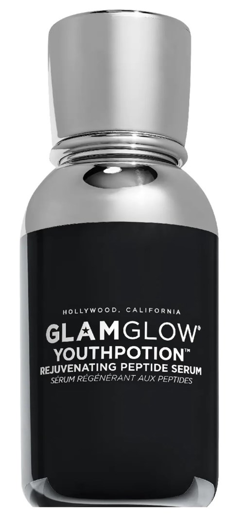 Svart och silver flaska av GlamGlow YouthTopotion Rejuvenating Peptide Serum från Hollywood, Kalifornien.