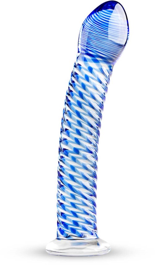 A glass sculpture with a blue and white spiral pattern, curved shape, and detailed texture. It stands upright.