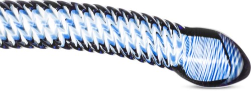 A colorful glass smoking pipe with a black and blue spiral pattern and a rounded bowl.