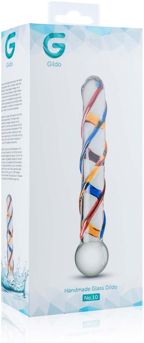 Colorful twisted glass dildo with a round base, in a white box with blue and teal details.