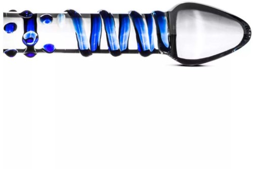 A glass object with a spiral design, mostly clear with blue accents, ending in a rounded tip.