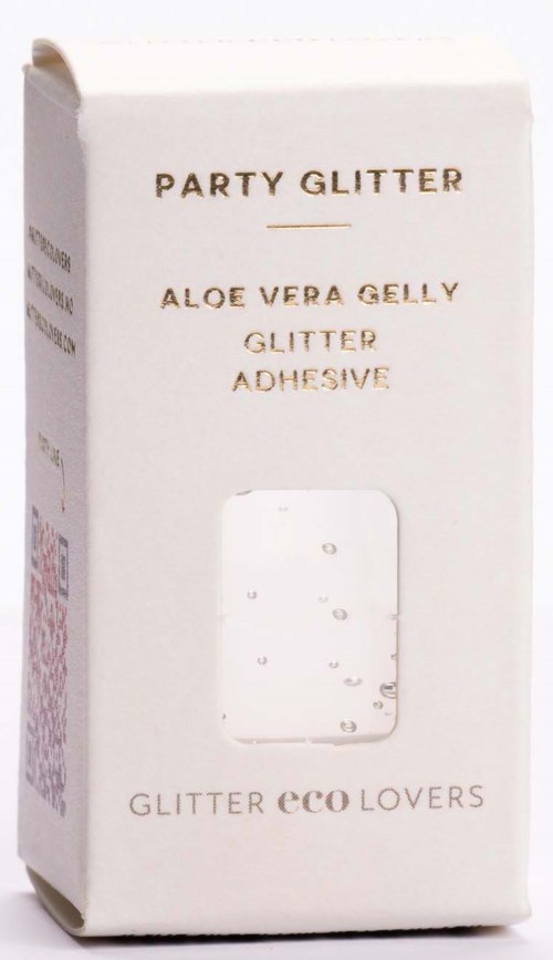Pudełko na glitter na przyjęcie z aloe vera gelly, klejem do brokatu i ekologicznymi fanami brokatu.