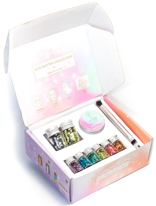 Ett box med etiketten 'ECO Glitter Collection' innehåller små burkar med färgglittter, en borste och en rosa behållare.