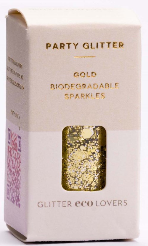 Małe opakowanie z napisem 'Party Glitter', zawiera złote biodegradowalne iskierki.