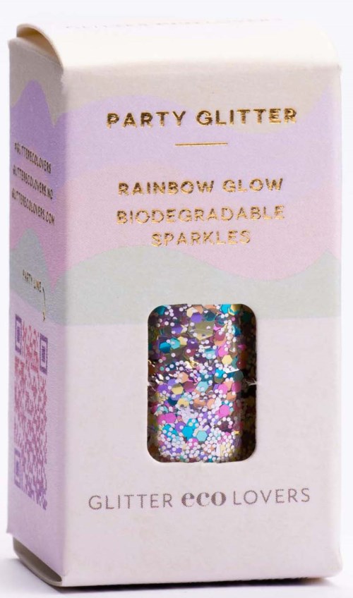 Pudełko o nazwie 'Party Glitter' z tęczowym brokatem. Pisze 'biodegradable sparkles' i 'glitter eco lovers'.