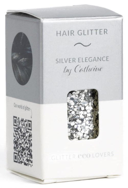 Małe białe pudełko z srebrnym brokatem, oznaczone 'Hair Glitter Silver Elegance by Callina'.
