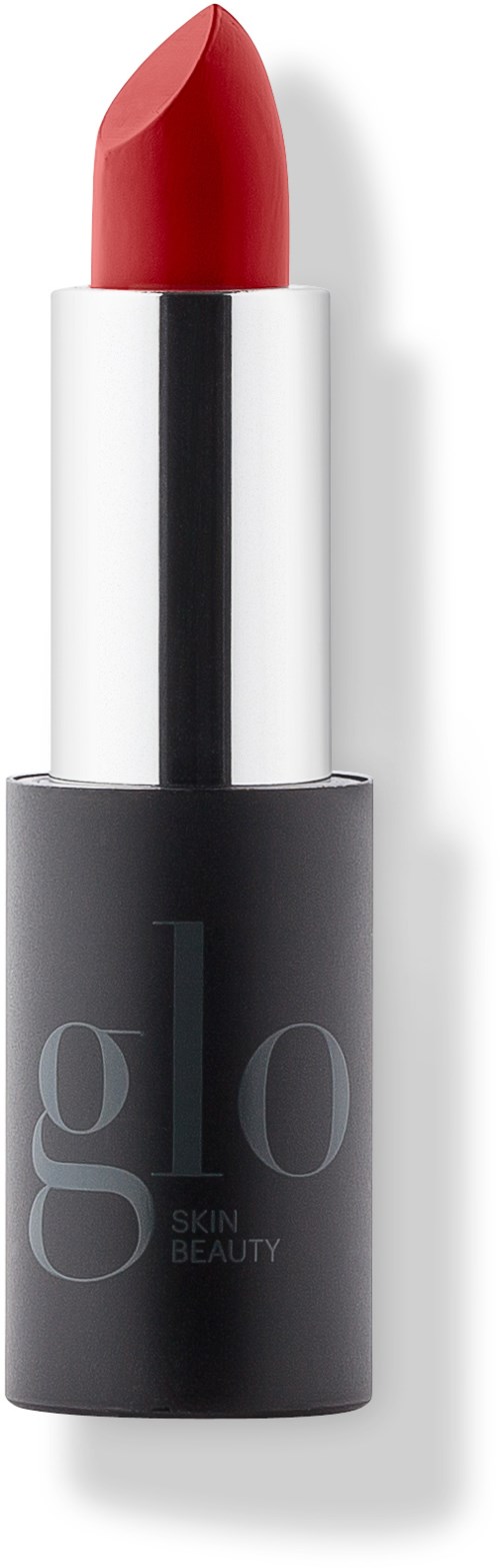 A red lipstick in a black and white tube with the brand name 'glo' on it.