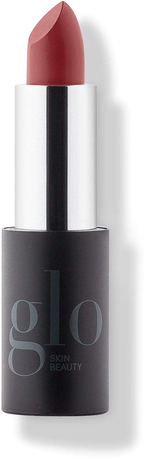 A lipstick with black and white packaging and a pinkish-red color lipstick.