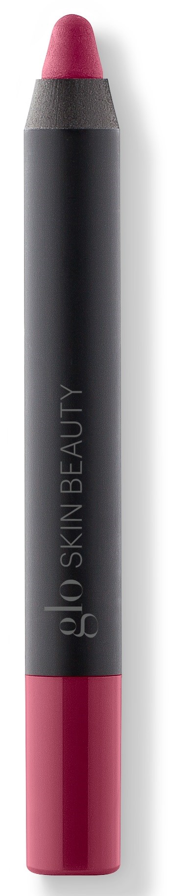En sminke-penn med rosa spiss, svart kropp og rosa bunn, merket 'Glo Skin Beauty' langs siden.