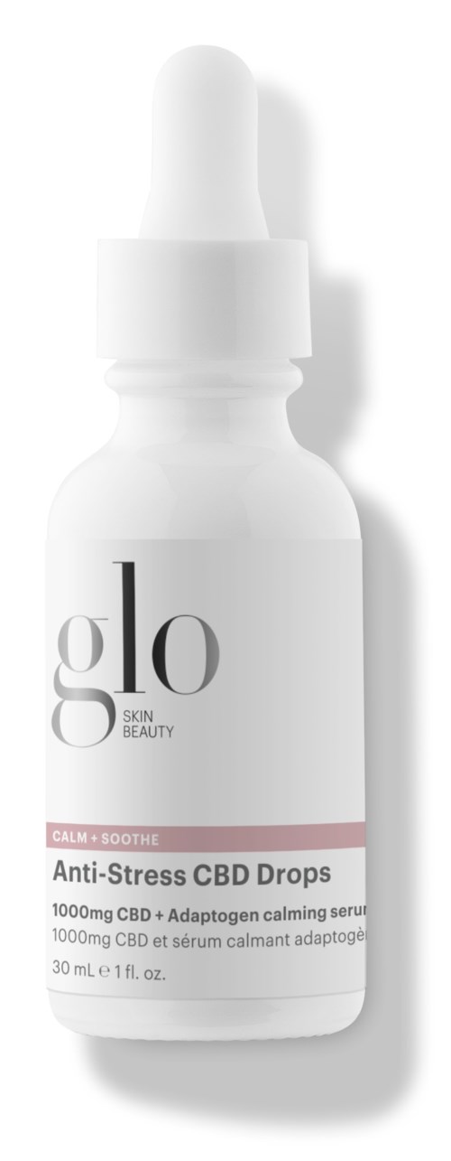 A white bottle with a dropper cap labeled 'glo' for anti-stress CBD drops, containing 1000mg CBD and calming ingredients.