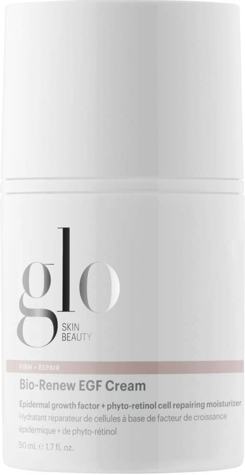 Valkoinen pyöreä purkki, jossa lukee 'glo Skin Beauty' ja 'Bio-Renew EGF Cream'.