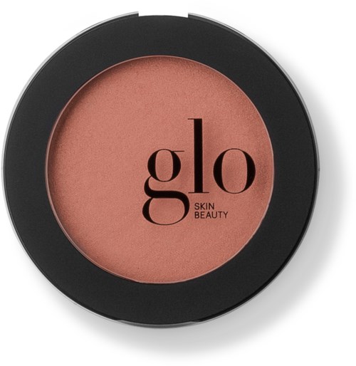 Een ronde blush-combinatie met 'glo' logo en zwarte rand, met roze make-up binnenin.