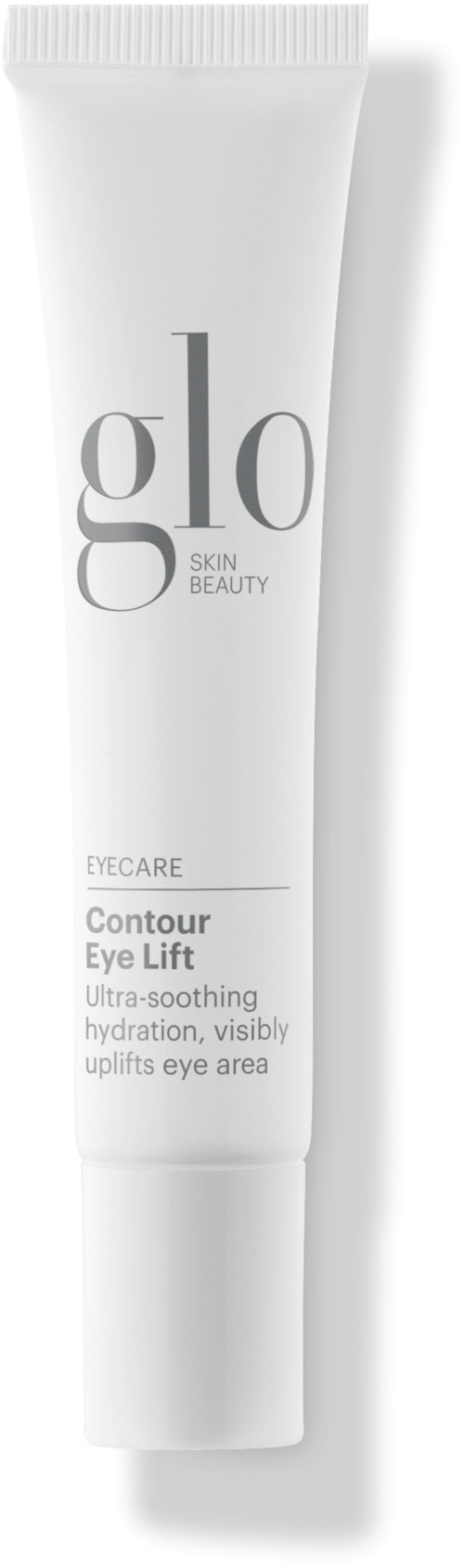 A white tube labeled 'Glo Skin Beauty' for eye care, promotes eye lift and hydration, with simple gray text.