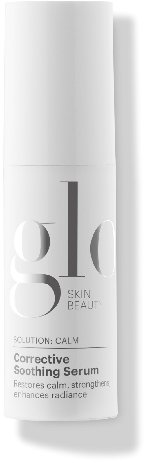 En hvit flaske merket 'glow Skin Beauty' med tekst om korrigerende beroligende serum for huden.