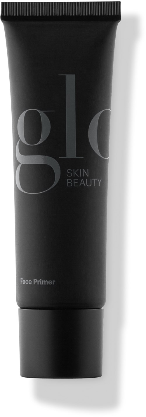 En svart tub märkt 'glo Skin Beauty Face Primer' med enkel grå och vit text.