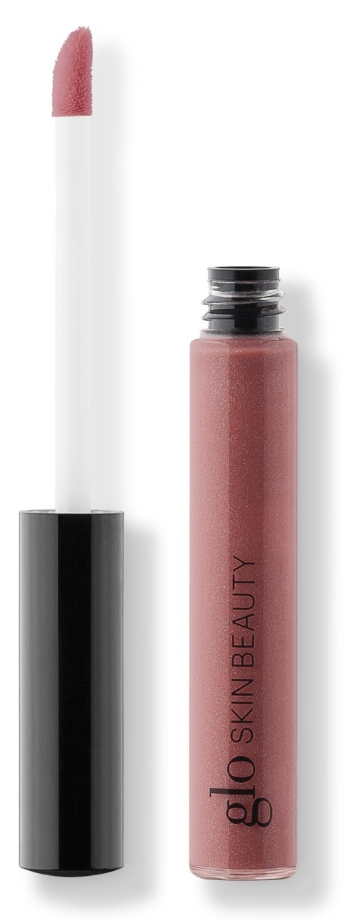 Läppglans i rosa med en vit applicator och svart lock.