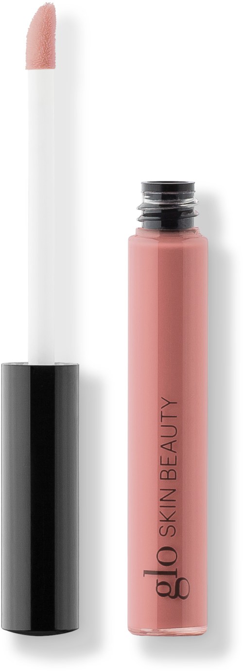 Läppglans med applikatorstift och rosa nyans i tub märkt 'glo SKIN BEAUTY.'