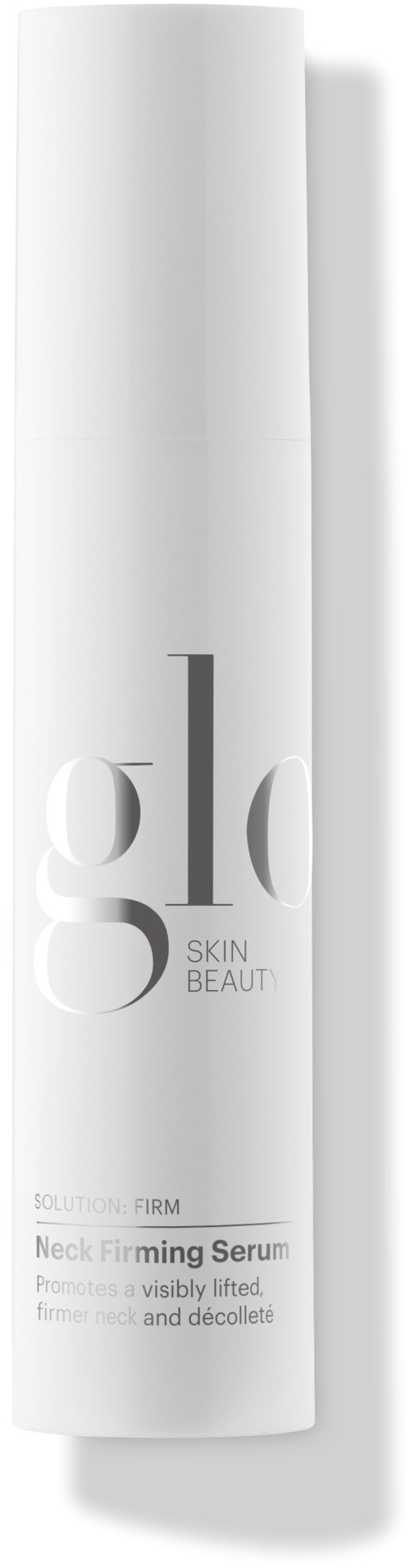 A white bottle with the label 'glo Skin Beauty' and text about a neck-firming serum. Sleek and simple design.