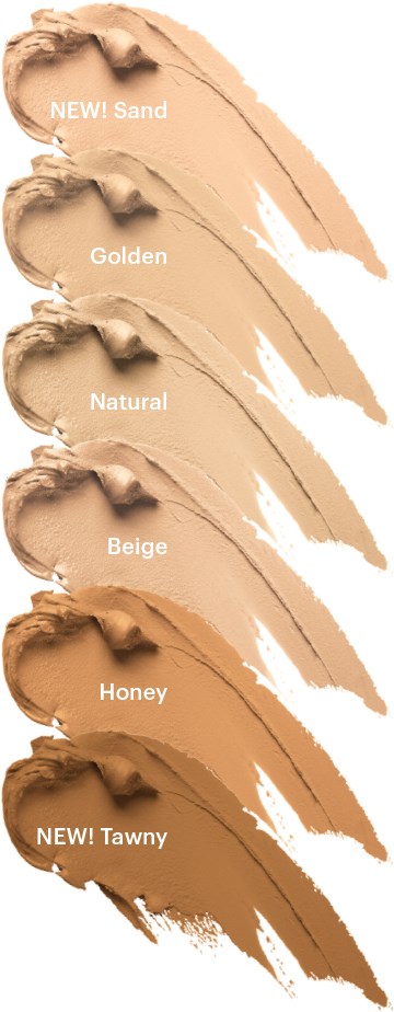 Kuusi eri sävyä meikkipohjasta, joissa on merkinnät: Sand, Golden, Natural, Beige, Honey, Tawny. Kaksi lisää ovat uusia.