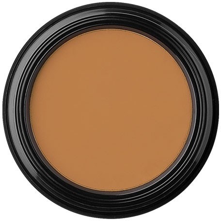 Een ronde container met een zwarte rand bevat beige make-up of crème.