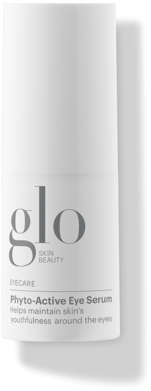 En hvid flaske mærket 'glo Skin Beauty Phyto-Active Eye Serum' hjælper huden med at forblive ungdommelig omkring øjnene.