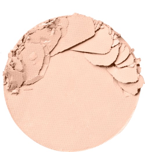 En rund sminkeprodukt med knust pudder på øvre venstre, i beige farge.
