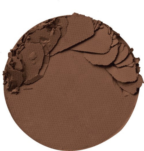 En rund makeup blush med noen knuste biter på øvre venstre side. Den er brun og har tekstur.