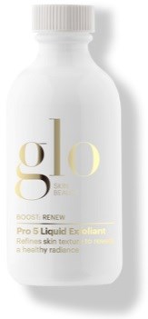 En hvit flaske med gullfarget og svart tekst, merket som Boost Renew og Pro 5 Liquid Exfoliant.