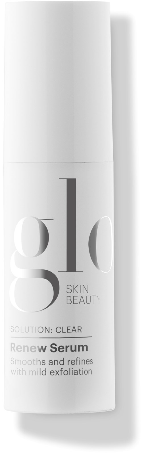En vit flaska med hudvårdsserum märkt "glow" med minimalistisk design, för klar hy, exfoliering och förfining.