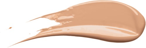 En beige flytende sminke-smøring på en gjennomsiktig overflate med en glatt, skinnende tekstur.
