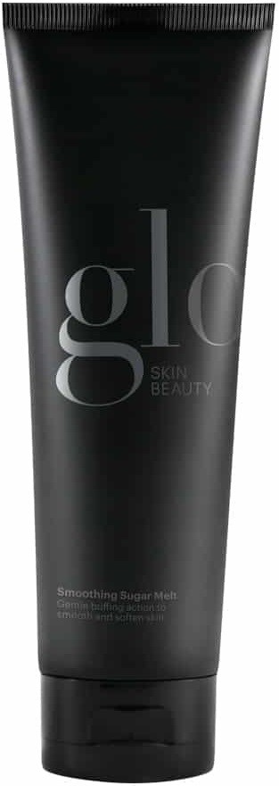En svart tube med hudpleieprodukt kalt 'Glo Skin Beauty' med ordene 'Smoothing Sugar Mask' på.