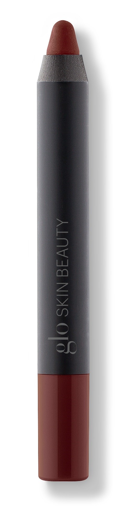 En grå makeuppenna med en rödbrun spets och brun botten. Märket säger 'SKIN BEAUTY.'