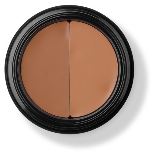 Een ronde compact met twee tinten bruin crème, gescheiden in het midden, in een zwart omhulsel.