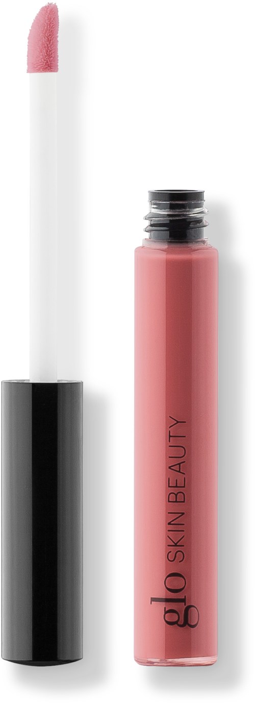 En rosa läppglansrör märkt 'glo SKIN BEAUTY' med locket borttaget, visar applikatorn.