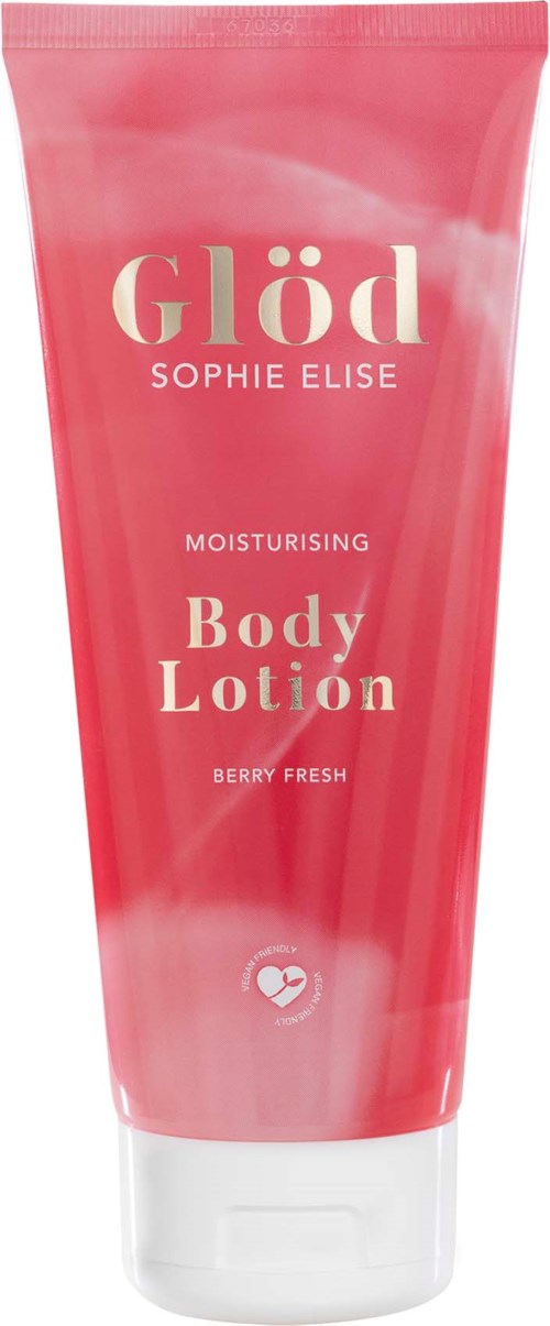 Pink tube labeled 'Glöd' with 'Sophie Elise', 'Moisturising Body Lotion', 'Berry Fresh', and a heart symbol.