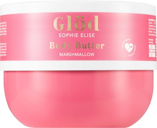 A pink jar of Glöd Body Butter labeled with scent marshmallow and the brand Sophie Elise.
